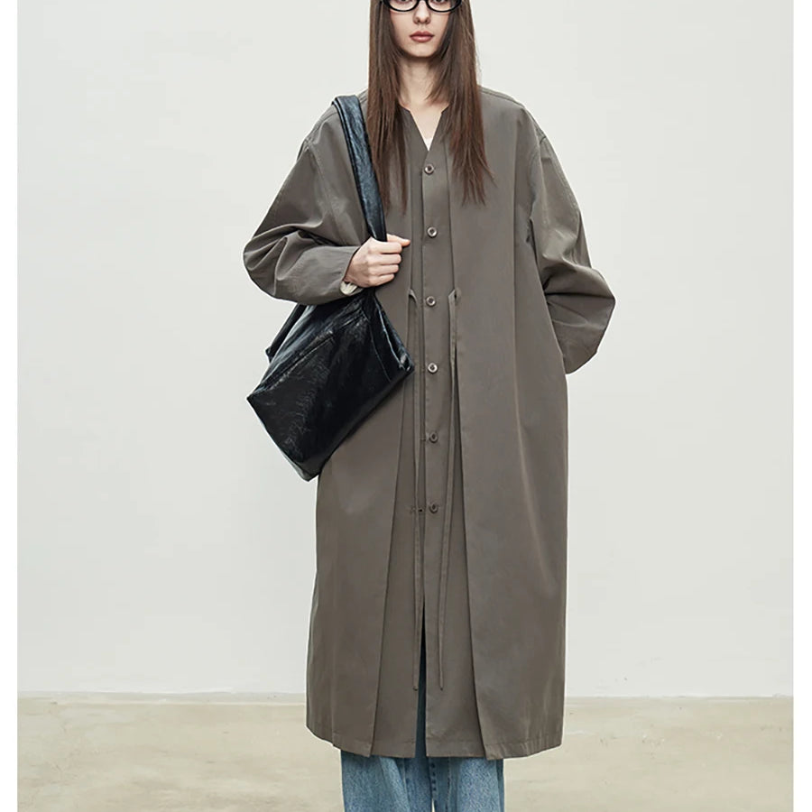 Lautaro Spring Autumn Oversized Long Flowy Soft Trench Coat for Women V Neck Elegant Luxury Designer Fake 2 Piece Clothes 2025 Olive Green