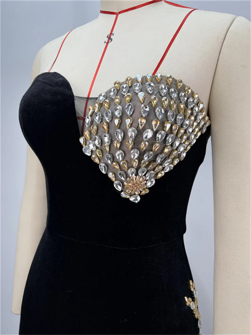 2025 Luxury Shining Diamonds Sexy High Slit Stapless black velvet Long Dress Elegant Woman Birthday Party Dress Goddess Vestido