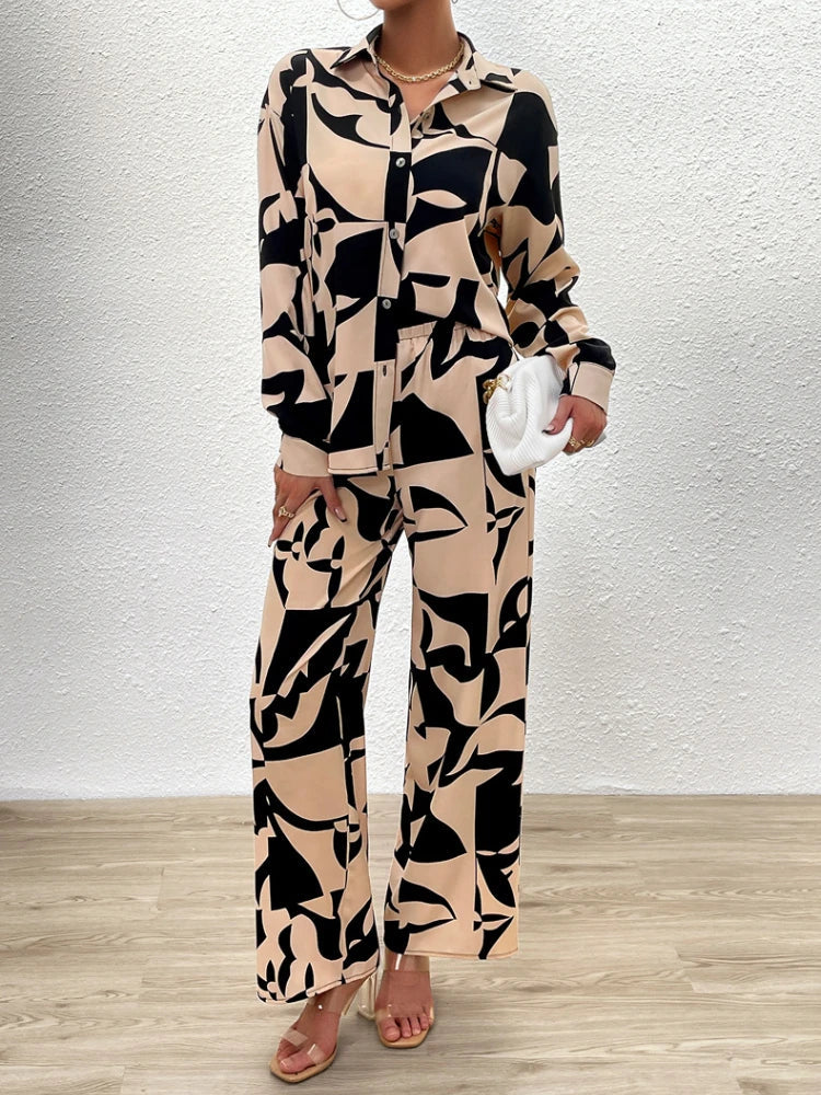 2 Piece Sets Women Outfit New in Spring Summer Fashion Women Tops Elegant Commuting Printed Button Pants Set Women's Clothing Grey