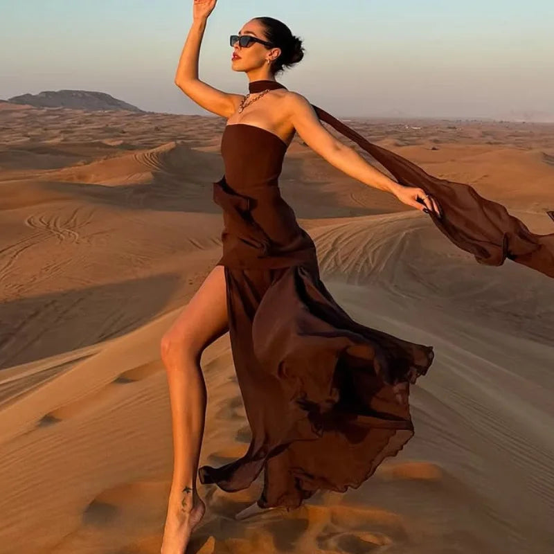 Elegant Off Shoulder Irregular Hem With Scarf Women Fashion Sleeveless Backless Slim Fit Long Dress 2025 New Summer Party Robes Brown