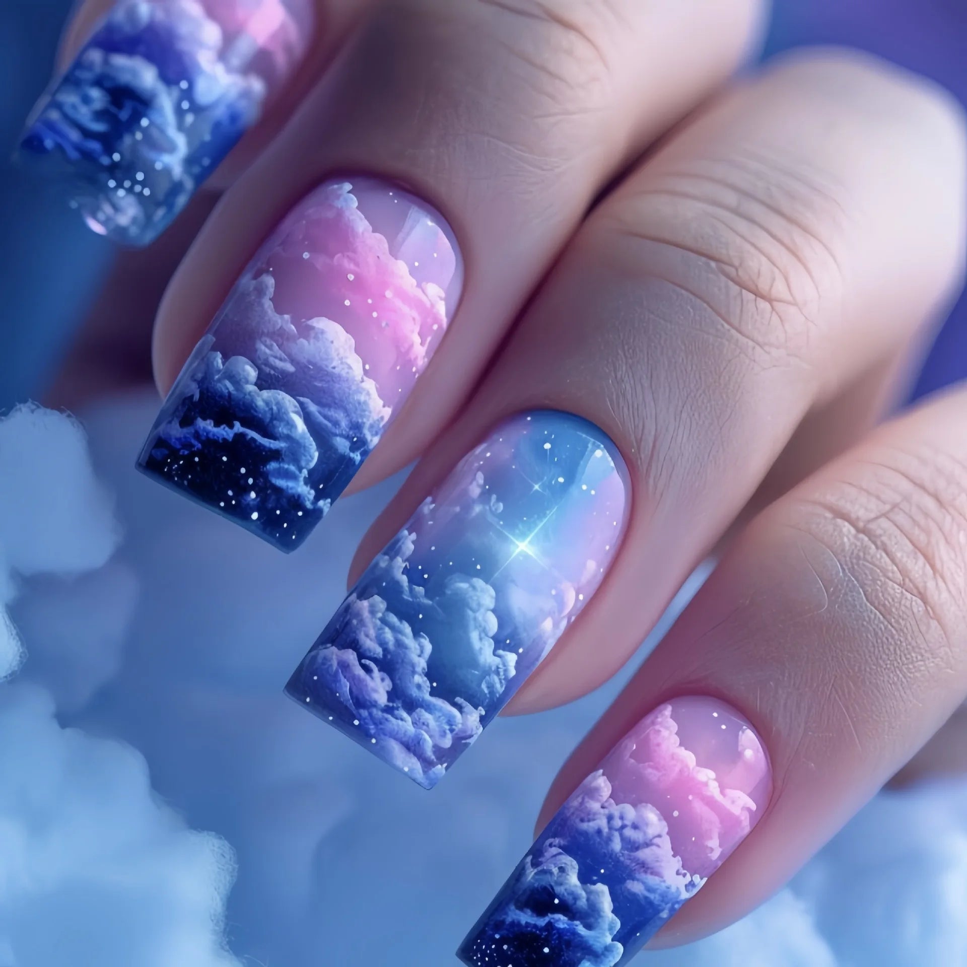 24pcs/set fake nails short middle ballet square nail tips Dreamy colors flowers clouds forest design press on false nails art 1624