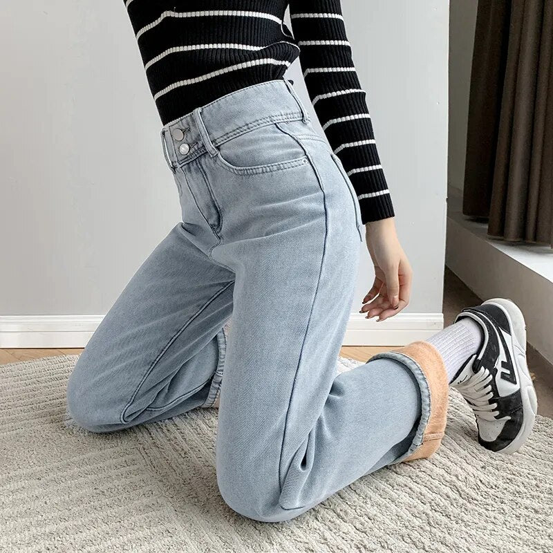 Winter Warm Fleece Wide Leg Jeans Women Vintage Baggy High Waist Denim Pants 2024 Loose Straight Mom Jean Pantalones De Mujer Light Blue
