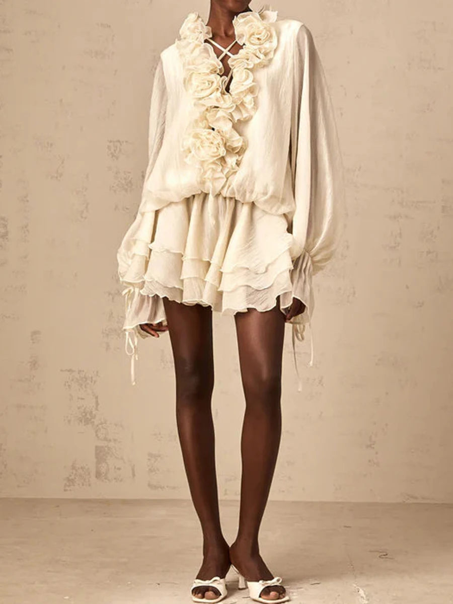 Solid Loose Spliced 3D Flowers Dresses for Women V Neck Long Sleeves Patchwork Ruffles Fold Dress Female Clothing WHITE