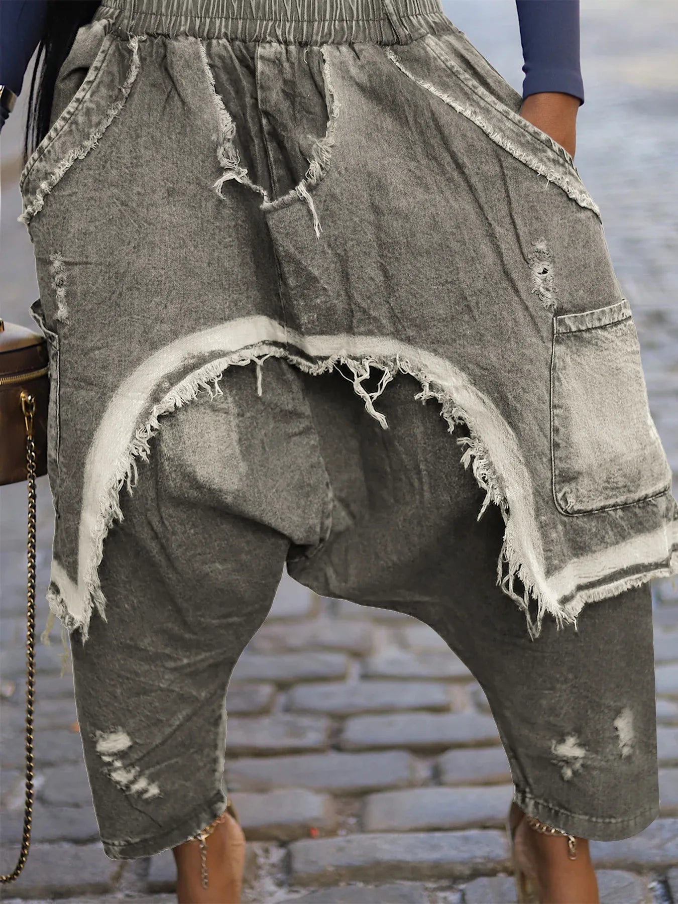 Women Streetwear Ripped Out Hole Denim Pants 2025 Fall Autumn Loose Safari Style Cargo Harem Hip Hop Jeans Light Grey