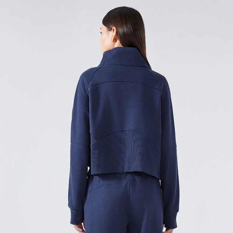 Autumn New Half Zipper High Stand Collar Pullover Top for Women's , Warm and Fleece Thick Sports Hoodie for External Wear