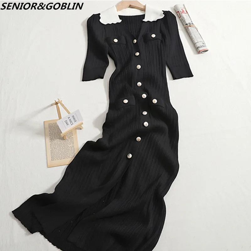 Summer Fashion Women Lapel Color Contrast Short Sleeve Luxury Decoration Knitting Dress Female Sweater
