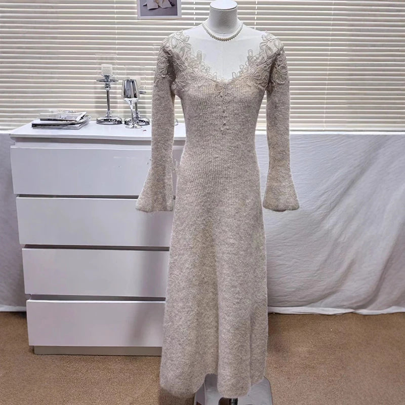 Autumn Winter New Elegant Style Lace V-neck Knitted Sweater Dresses For Women Evening Party Dress Female 11A07910 Creamy-white One Size