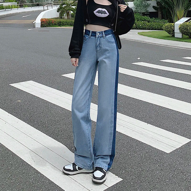 ZOENOVA Loose Women Jeans Spring Straight Wide Leg Pants Trendy Harajuku Streets Y2K High Waist Contrast Stripes Denim Trousers Blue