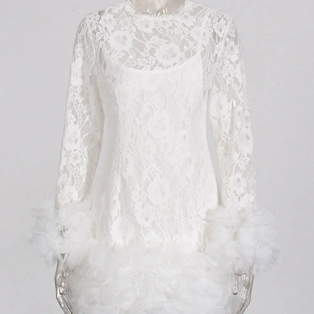 2024 Sexy Women's Black Lace Mini Dresses O-neck Long Sleeve Bodycon Stacked Mesh Design Dress Cocktail Evening Party Vestidos WHITE