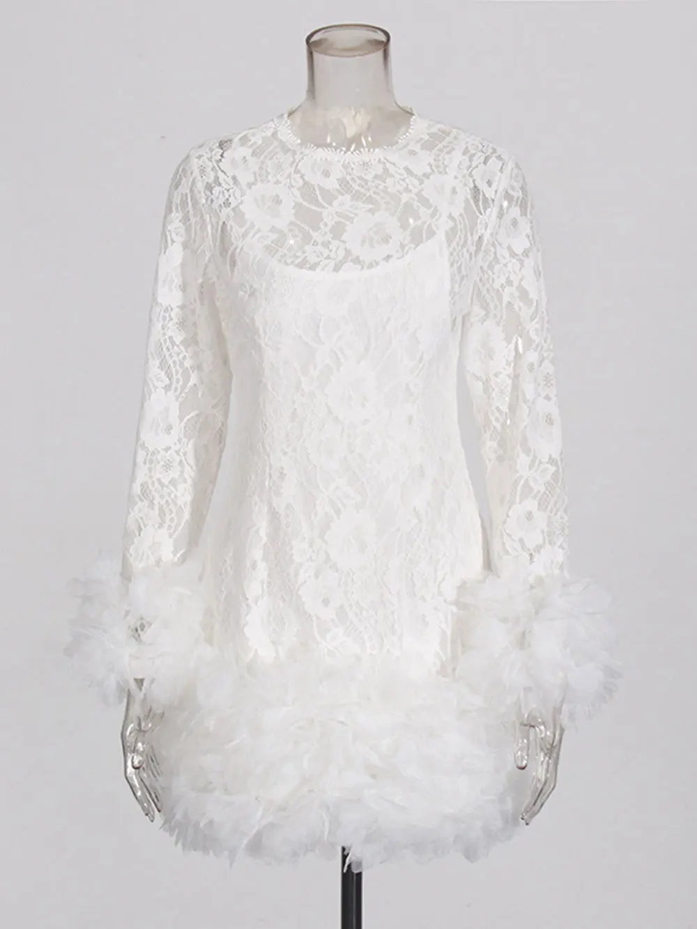 2024 Sexy Women's Black Lace Mini Dresses O-neck Long Sleeve Bodycon Stacked Mesh Design Dress Cocktail Evening Party Vestidos WHITE