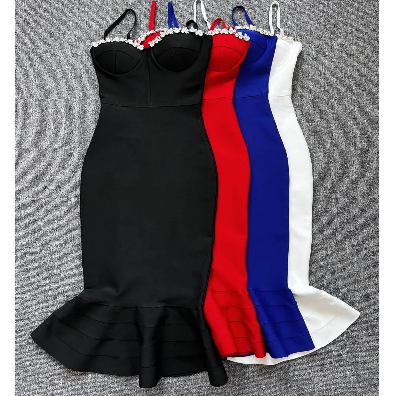 Women Sexy Long Style Fashion Bandage Dress Rayon Backless V Camisole Slim Bodycon Fashion Ruffle Edge Celebrity Party Dress