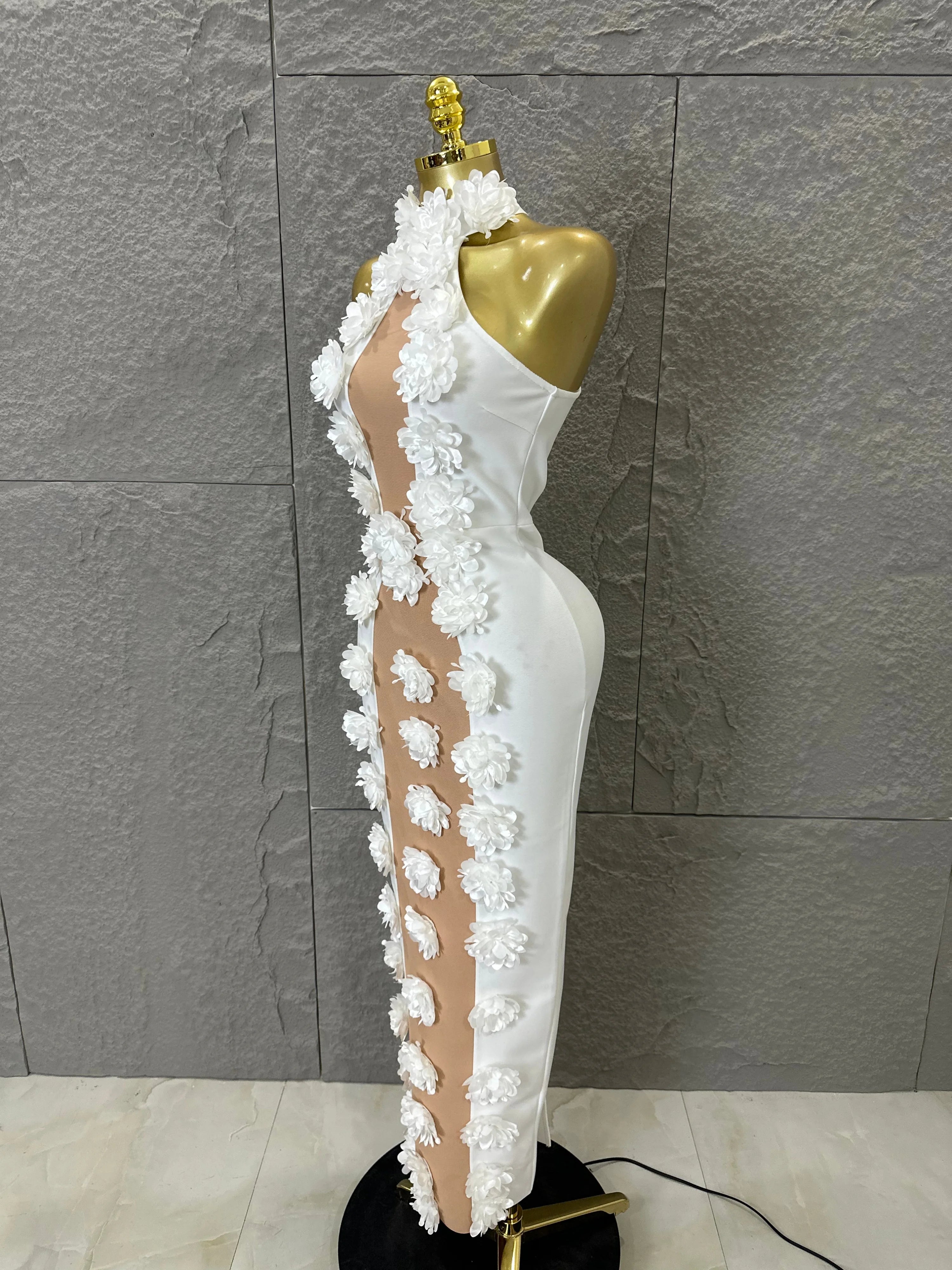 White Halter Neck Maxi Dress Women Sexy Sheer Nude Mesh 3D Floral Applique Form-Fitting Outfit Formal Event Party Costume