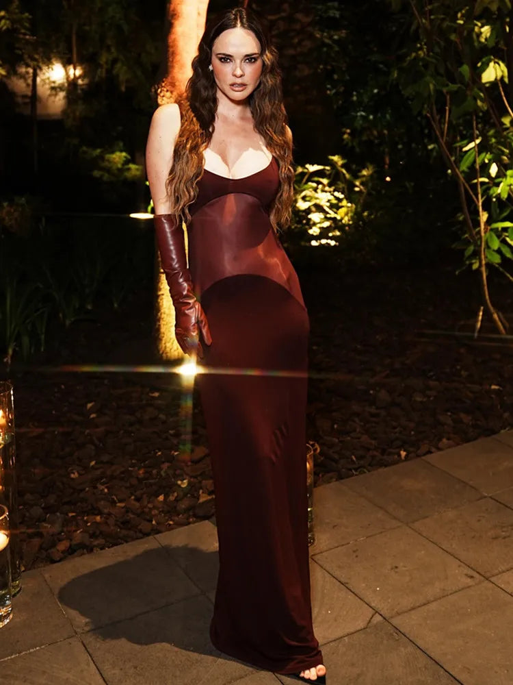 Luxury Women Celebrity Sexy Sleeveless Mesh Burgundy Maxi Long Gowns Dress 2025 Elegant Evening Party Club Vestido