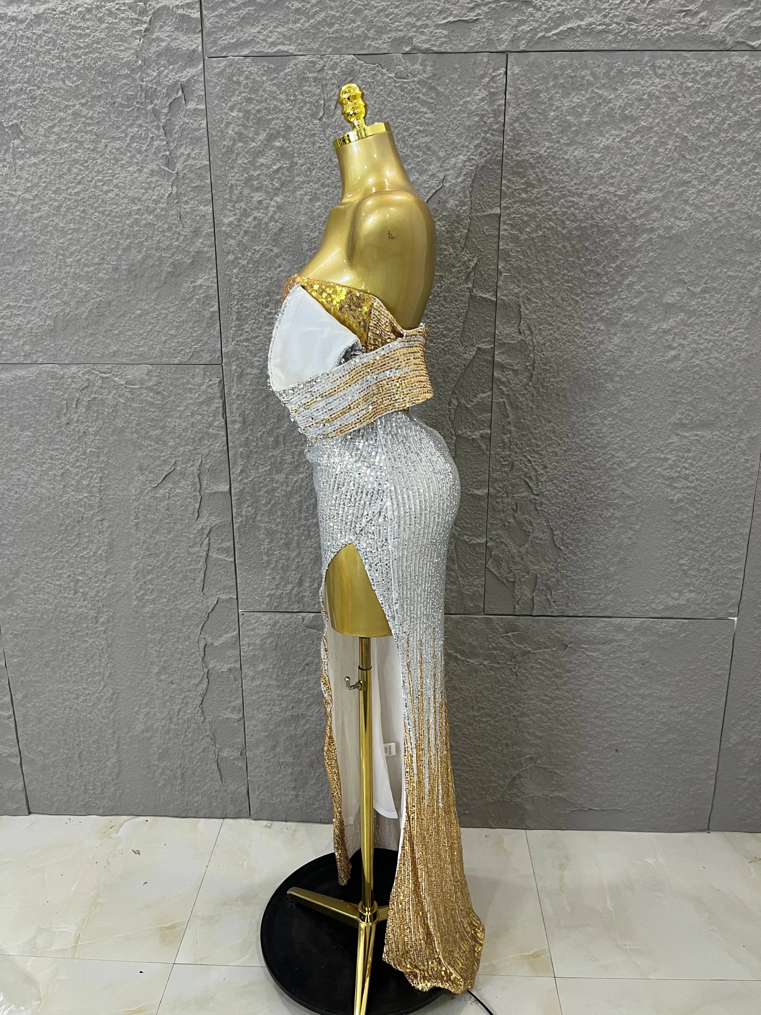 Sparkly Silver Gold Sequin Off Shoulder High Slit Dress Allover Glitter Evening Party Club Birthday Gala Celebration Event