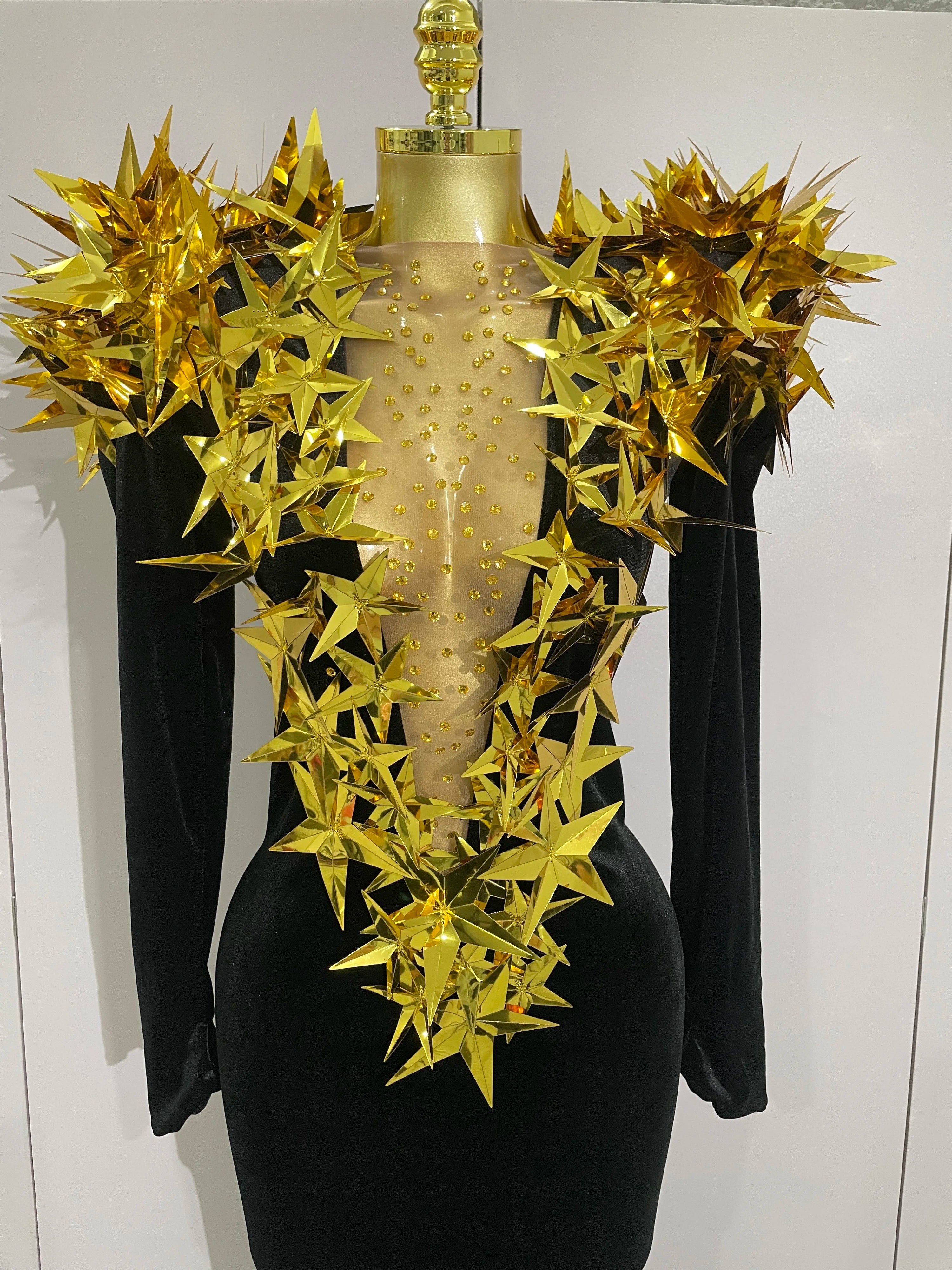 2025 New Shiny Gold Star Rhinestone Velvet Long Dress Women Evening Birthday Party Club Gala Hosts NightClub Bar Stage Costumes