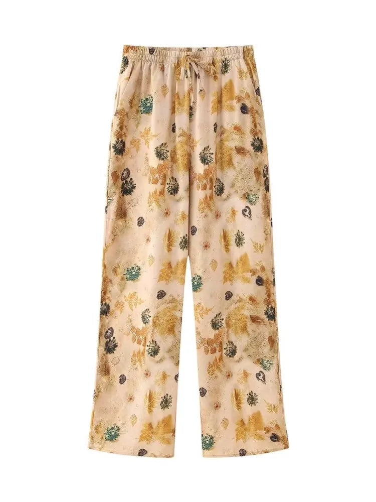 Aonibeier Thin Satin Printed Women Loose Shirt Suits Traf Summer Long Sleeve Casual Blouse Female Wide Pants Sets Y2K One Piece Pants