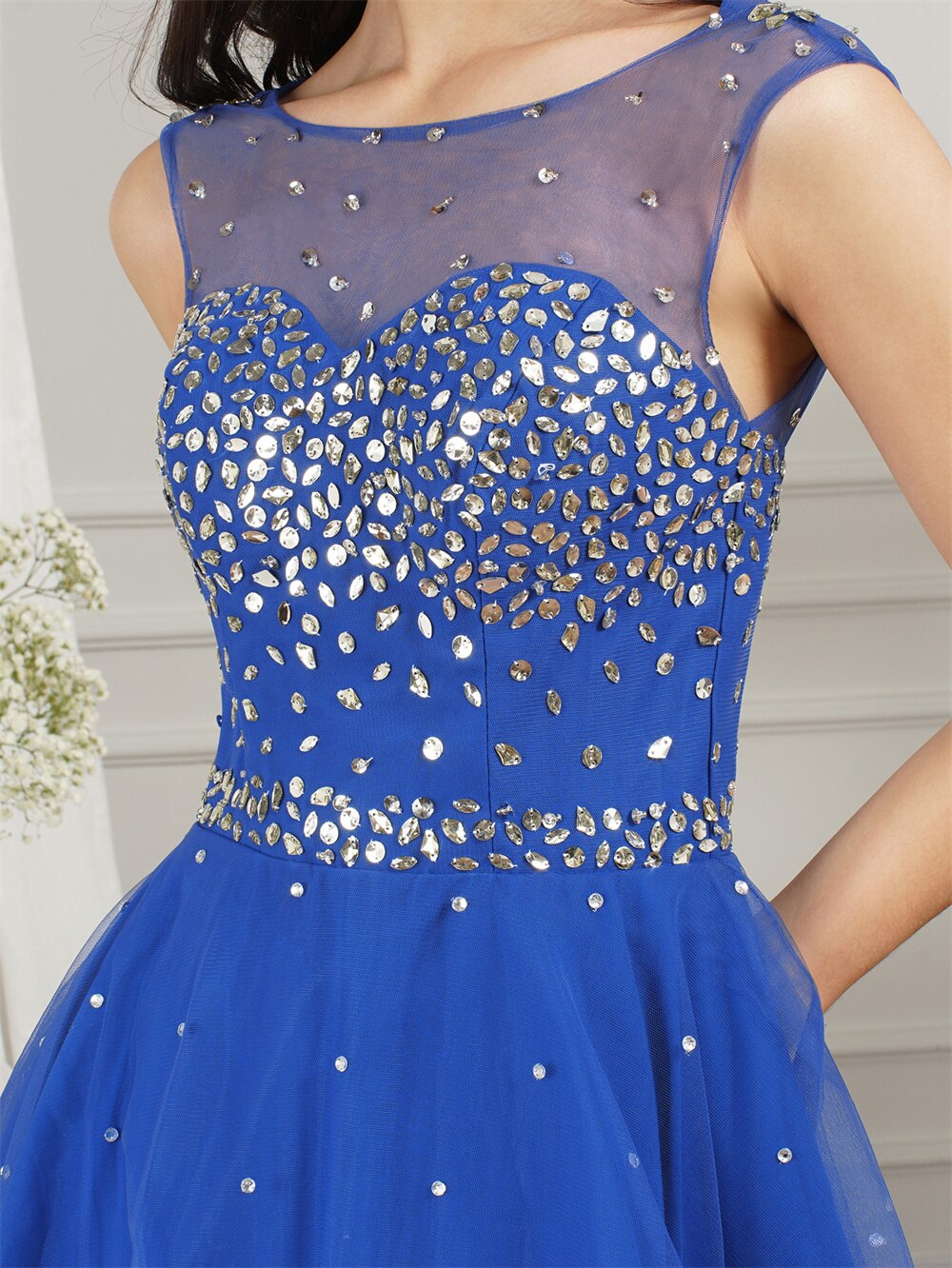 Robe de soirée courte bleu Royal pour Juniors, en Tulle à perles, col rond, dos nu, ligne A, Mini robe de bal pour femmes