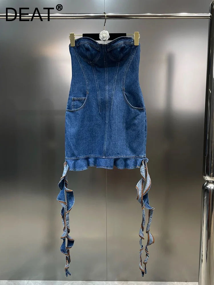 DEAT Line Up Waist Pocket Spiral Decoration Trendy Denim Dresses For Women Strapless Back Zipper Dress Spring 11XX3821
