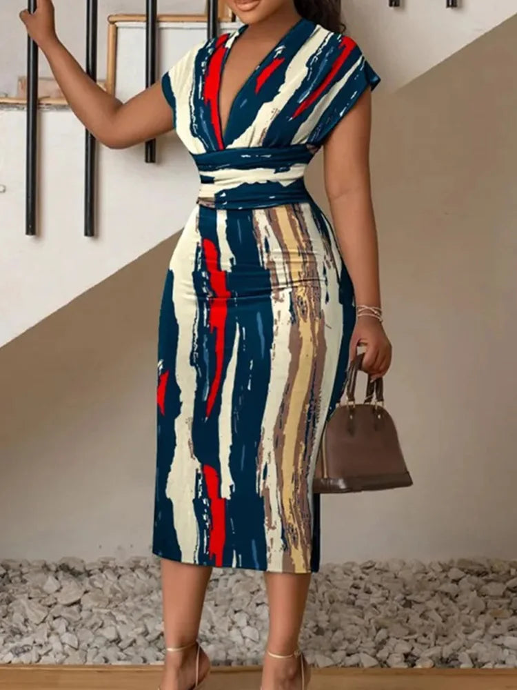 Multicolor Abstract Print Cap Sleeve Midi Dress Navy Blue