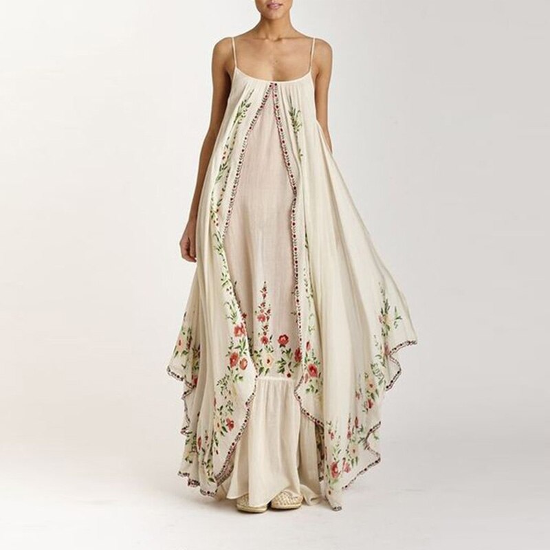 Vintage Sling Floral Print Women Maxi Dresses Casual Boho Sleeveless Elegant Long Dress Ladies Loose Irregular Beach Party Dress