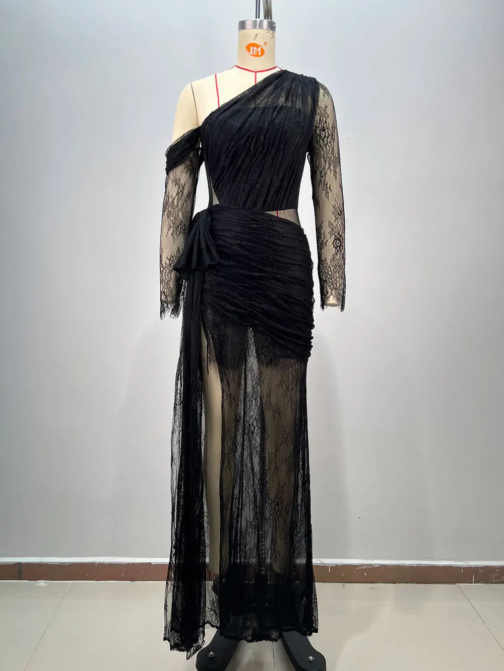 2025 Women's Light Luxury Lace Maxi Dress Diagonal Collar Lace Long Sleeve Bodycon Draped Split Sexy Long Dresses Party Vestidos black