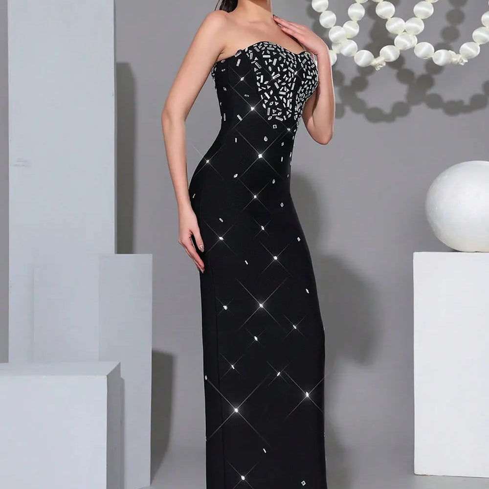 2025 Sexy Women's Nail Bead Design Bandage Dress Strapless Sleeveless Bodycon Backless Long Dress Cocktail Dinner Dress Vestitos