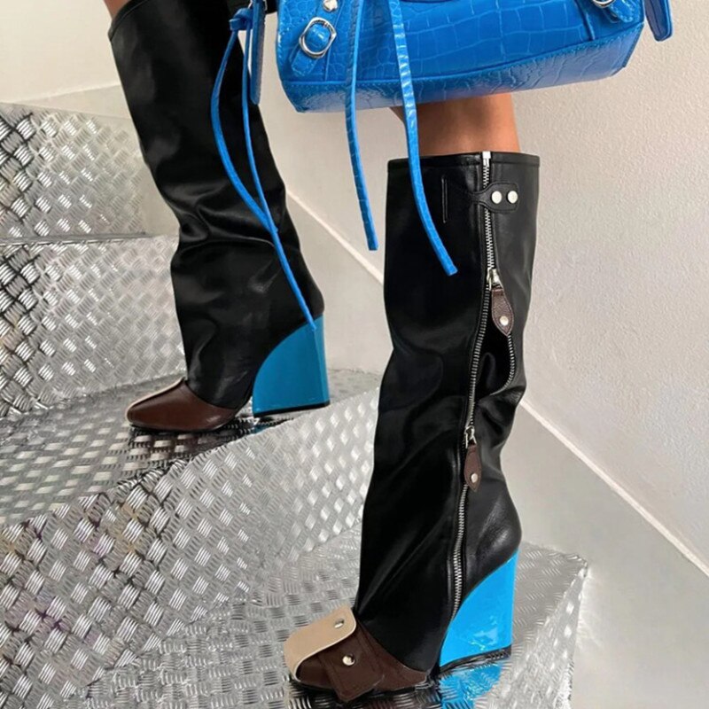 Punk Fan Motorcycle Boots Wome's Zipper Thick Sole Knee High Boots European and American Trend Nightclub Party