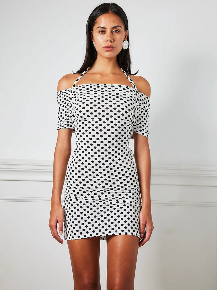 Mozision Strapless Polka Dot Mini Dress For Women Robe Halter Off-shoulder Backless Sleeveless Skinny Club Party Dress Elegant