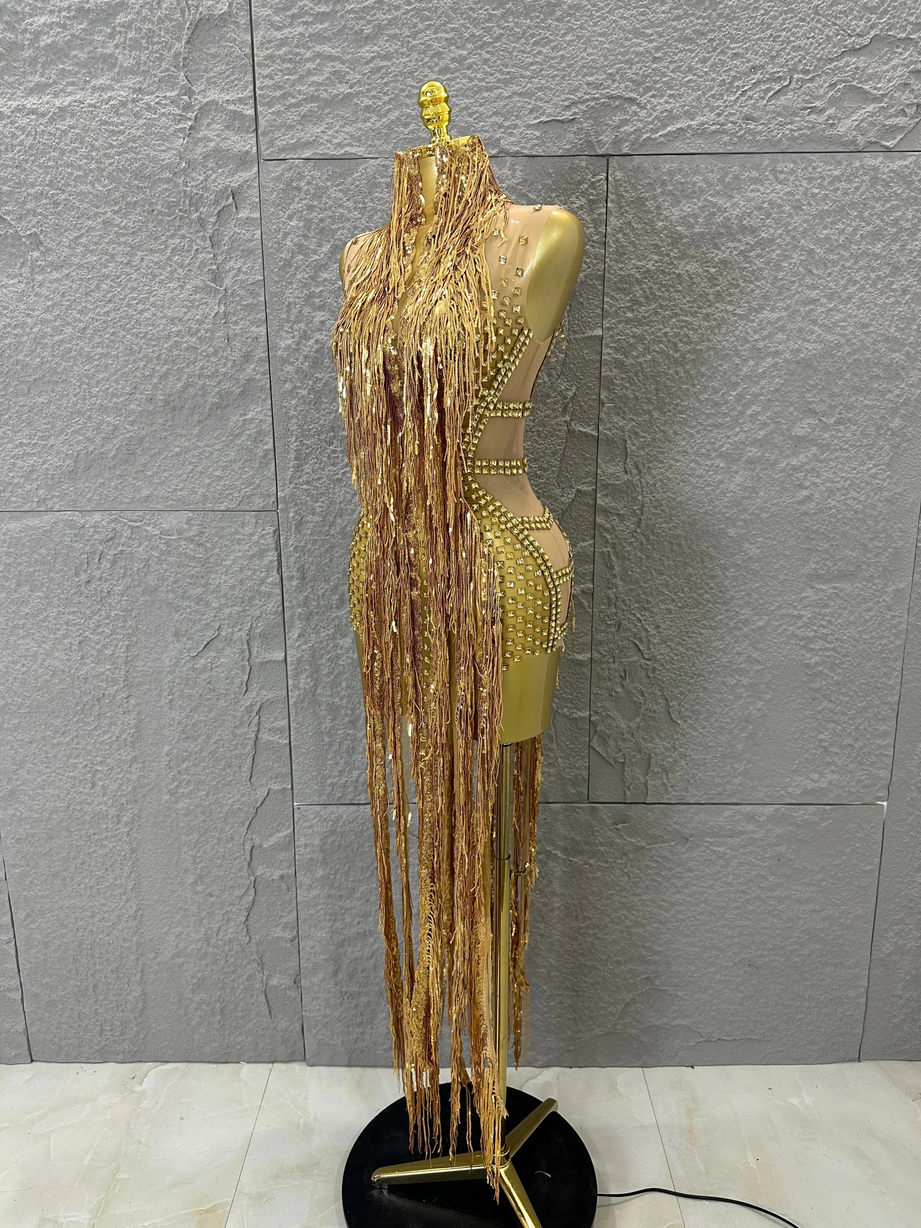 Opulent Gold Halter Neck Mini Dress Women Sexy Crystal Embellished Fringe Trim Form-Fitting Outfit Formal Event Party Costume