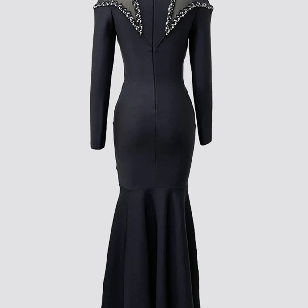 Newest Fashion 2025 Designer Party Vestido Women'S Diamonds Mesh Long Sleeves Bodycon Mermaid Long Maxi Dress