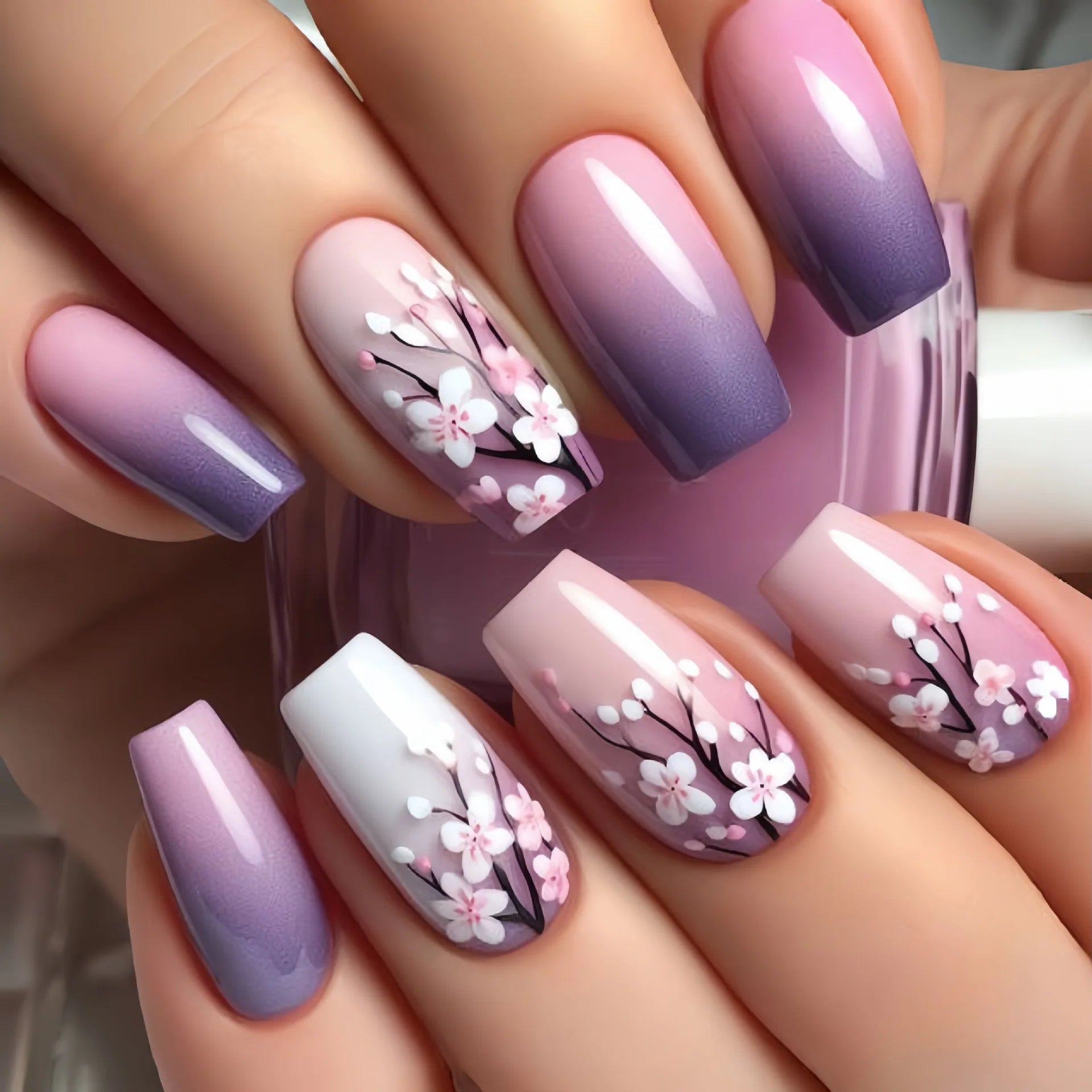 24pcs/set medium long fake nails for Spring summer season beautiful peach flowers butterfly design press on false nail art tips 1812