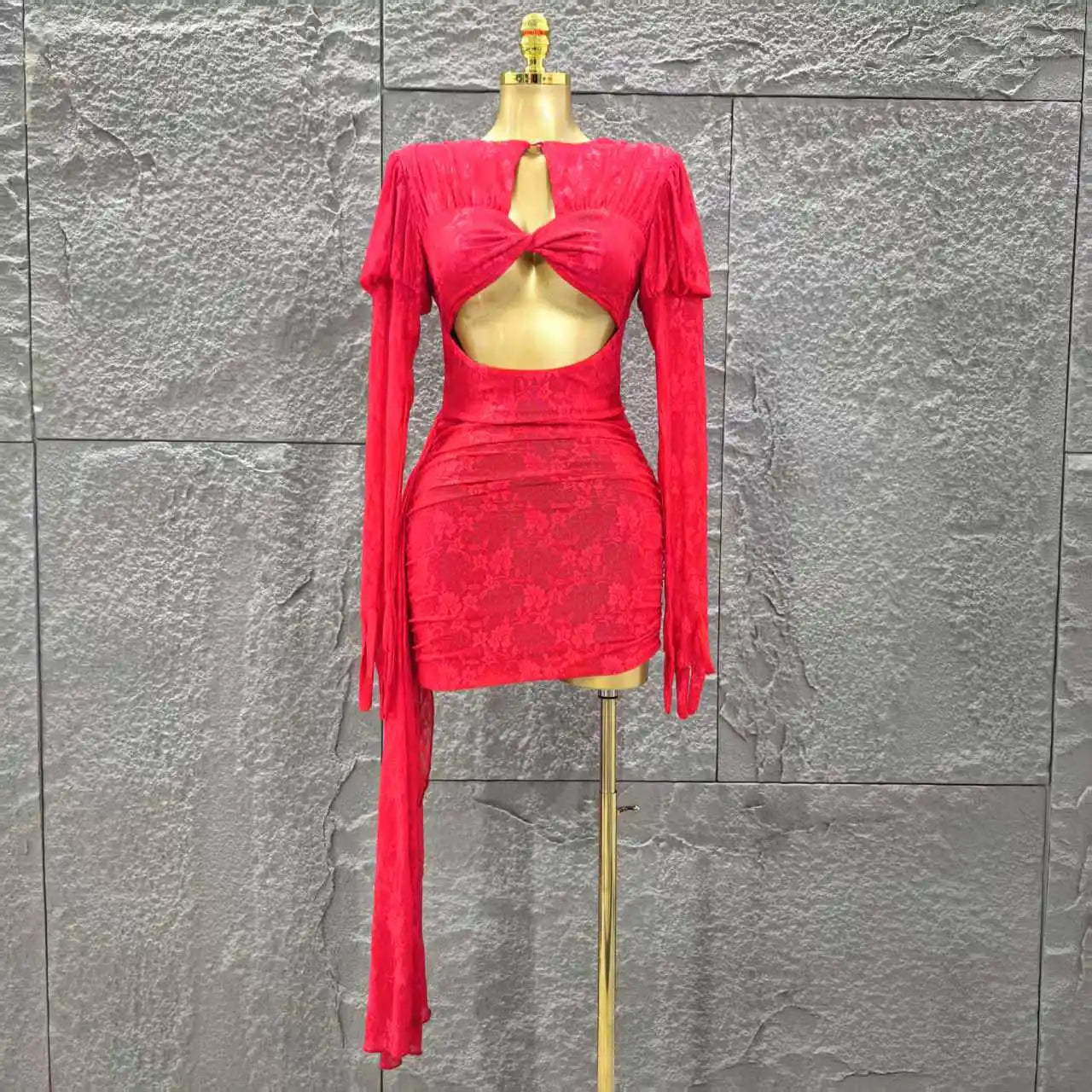 Red Color Christmas Style Women Long Sleeve Sexy Keyholes Bodycon Mini Dress Nightclub Party Celebrate Wedding Outfit