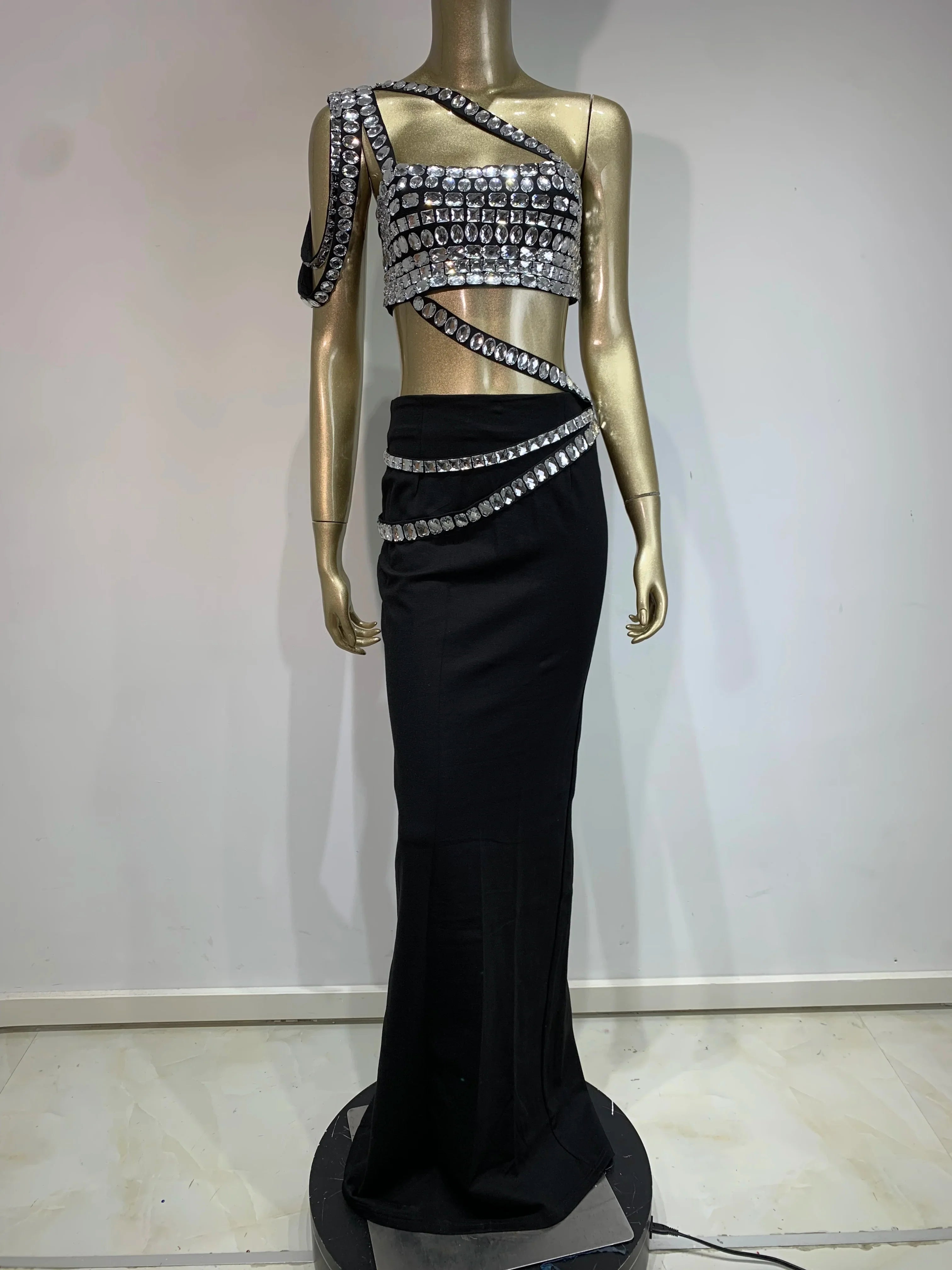 Women Summer Celebrity Sexy Beading Split Maxi Long Black Bandage Skirt Set Knitted Elegant Evening Club Party Clothing