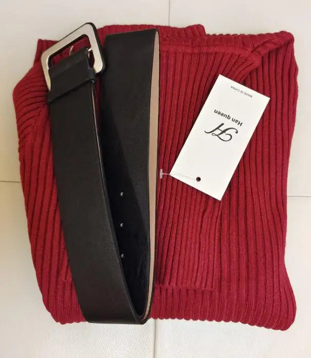 H Han Queen Knitted Turtleneck Sweater Bodycon Dress Bottoming Women Soft Elastic Autumn Winter Midi Party Dresses With Belt wine One Size