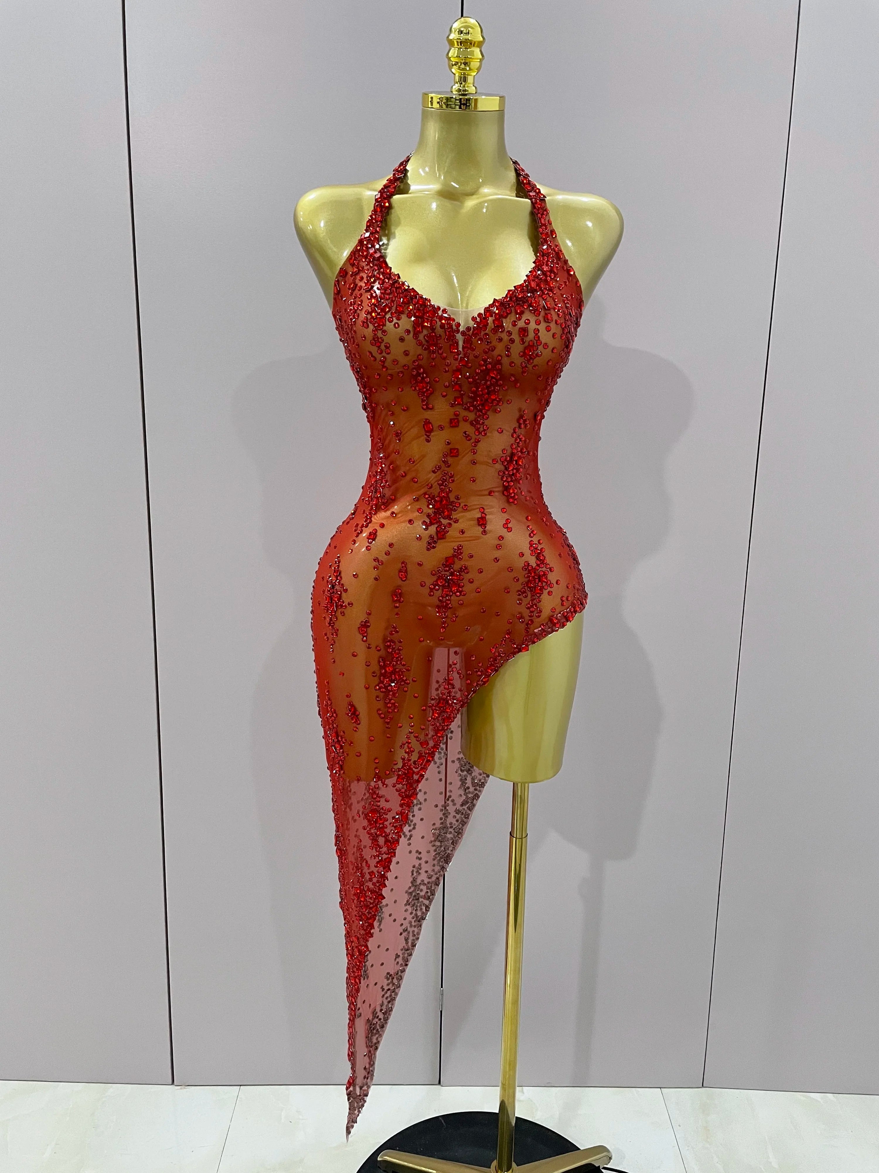 2025 New Sparkly Rhinestone V Neck Stretch Mesh Sexy See Through Dress Women Elegant Party Celebrate Perform Costume Stage Outfi Red