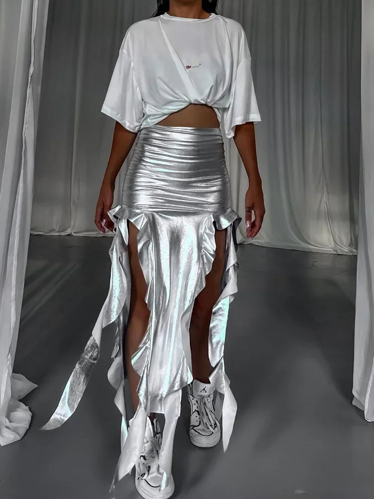 Tossy Tassel Summer Female Long Skirt Ruffled High Waist Broken High Split Fashion Pleated Sexy Solid Patchwork Maxi Skirt 2023 Silver