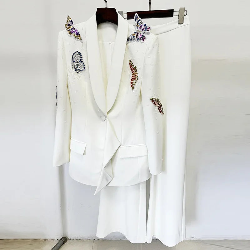 Solid Two Piece Sets for Women Notched Neck Long Sleeve Spliced Sequins Blazer High Waist Wide Leg Pants Set Female WHITE