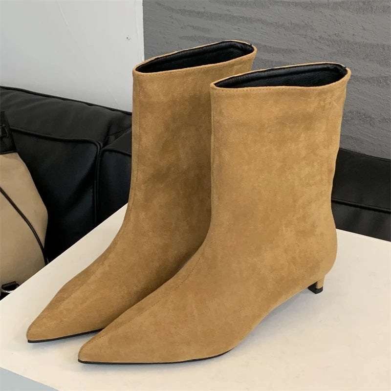 Eilyken Autumn Winter Pointed Toe Ankle Boots Women Designer Vintage Thin Low Heel Shoes Modern SHort Botas Zapatos De Mujer Light Brown
