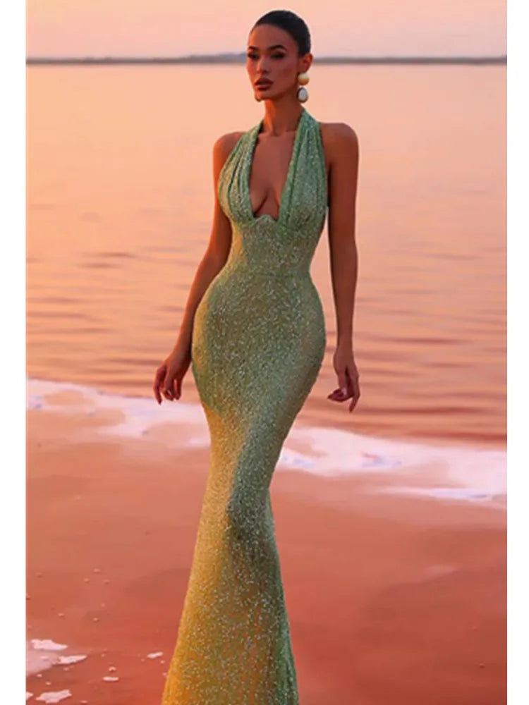 Women Celebrity Sexy Backless Halter Mesh Sequins Sparkly Maxi Long Gowns Dress 2024 Elegant Evening Party Club Dress Vestido green