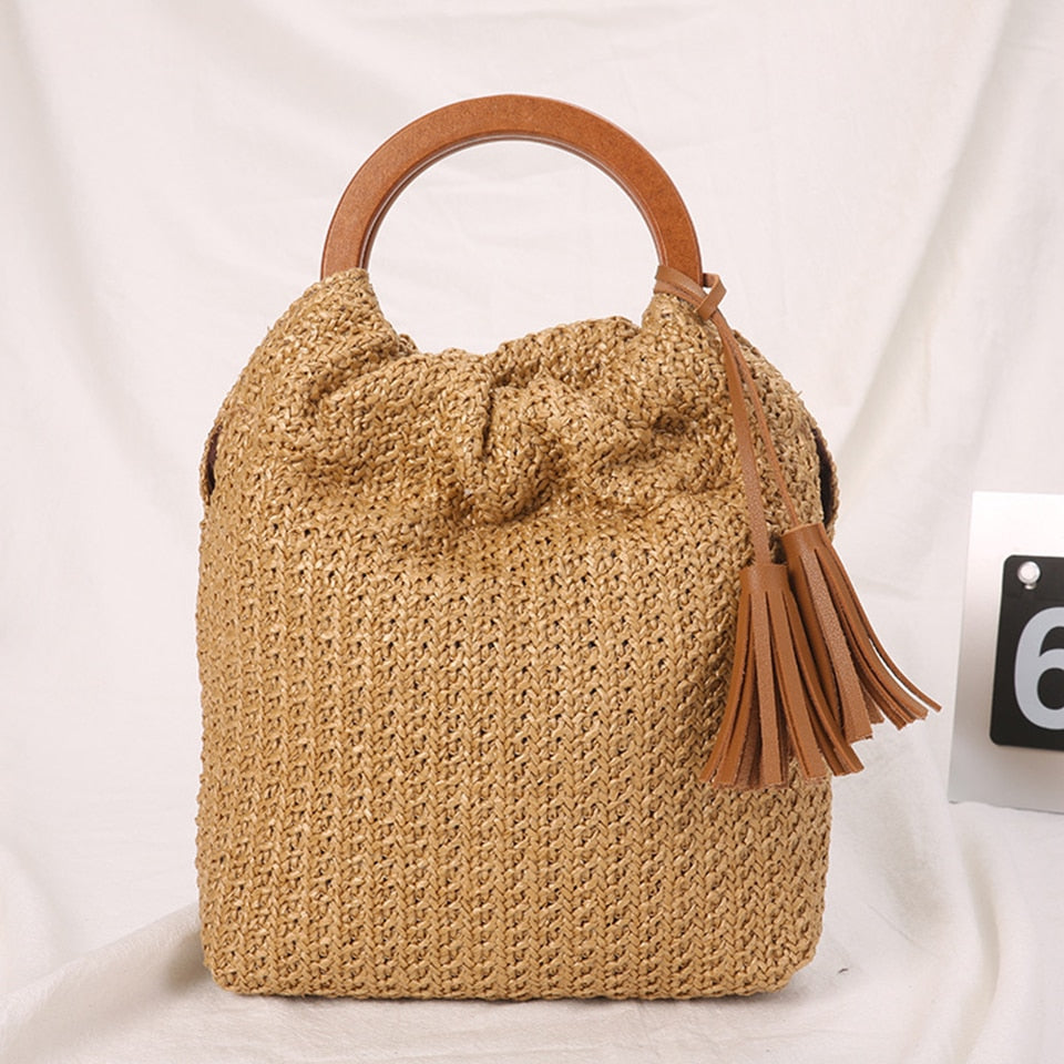 Summer Straw Handbag Wooden Handle Large Capacity Paper Rope Woven Straw Bag 2024 New Fashion Summer Vacation Travel Beach Bag brown15