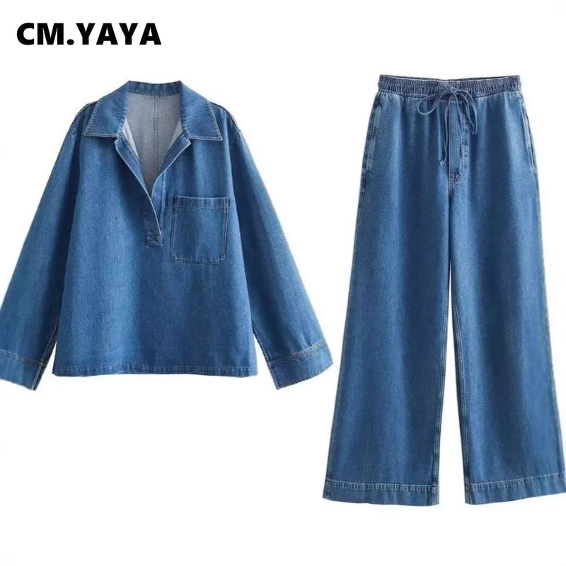 Fashion Women's Set Long Sleeve Washed Denim Tops Shirts + Wide Leg Pants Suit 2025 Spring Street Two 2 Piece Set Outfit