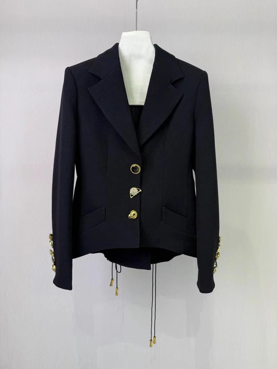 Solid Slimming Jackets for Women Lapel Long Sleeves Patchwork Irrgular Button Temperament Jacket Female Fashion New BLACK