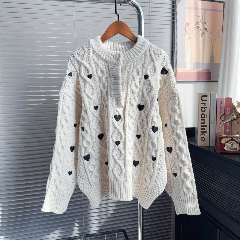 Autumn Winter New Fashion Heart Twist Sweater For Women Long Sleeve Loose Versatile Design Knitted Top Female 11A07872 Beige One Size