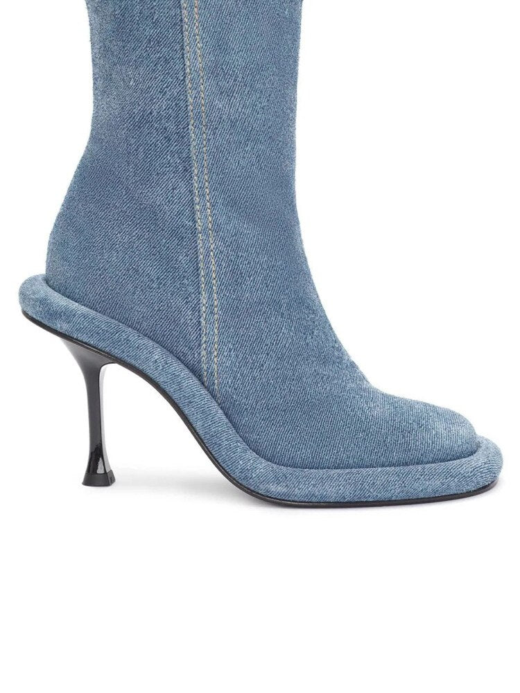 Spring and Autumn Women's New Slender High Heel Denim Short Boots Round Head Side Zipper Fashion Brand Women's Boots 509 Denim long style