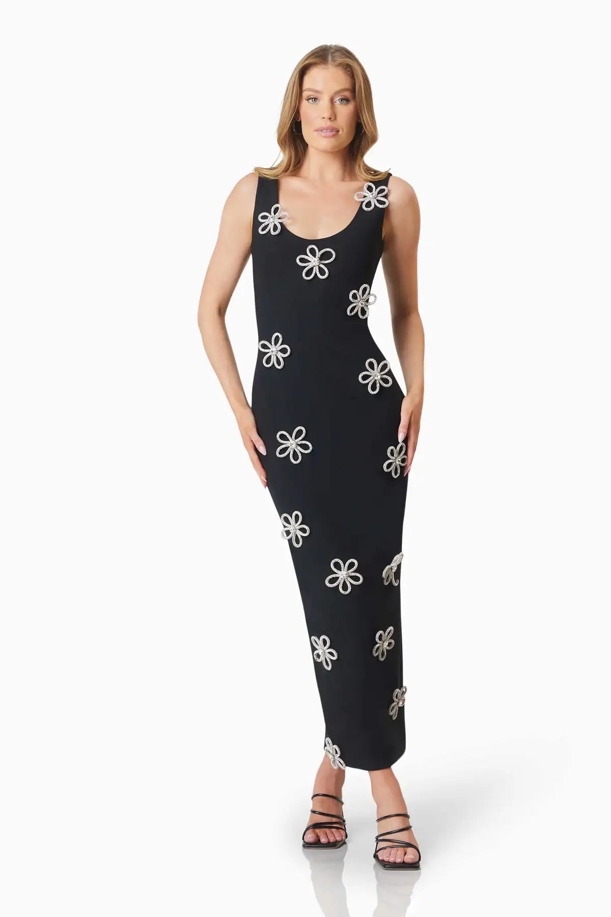 Top Quality Shinning Diamond Flowers Women Sleeveless O-Neck Bodycon Bandage Long Dress Celebrate Evening Party Runway Outfit black