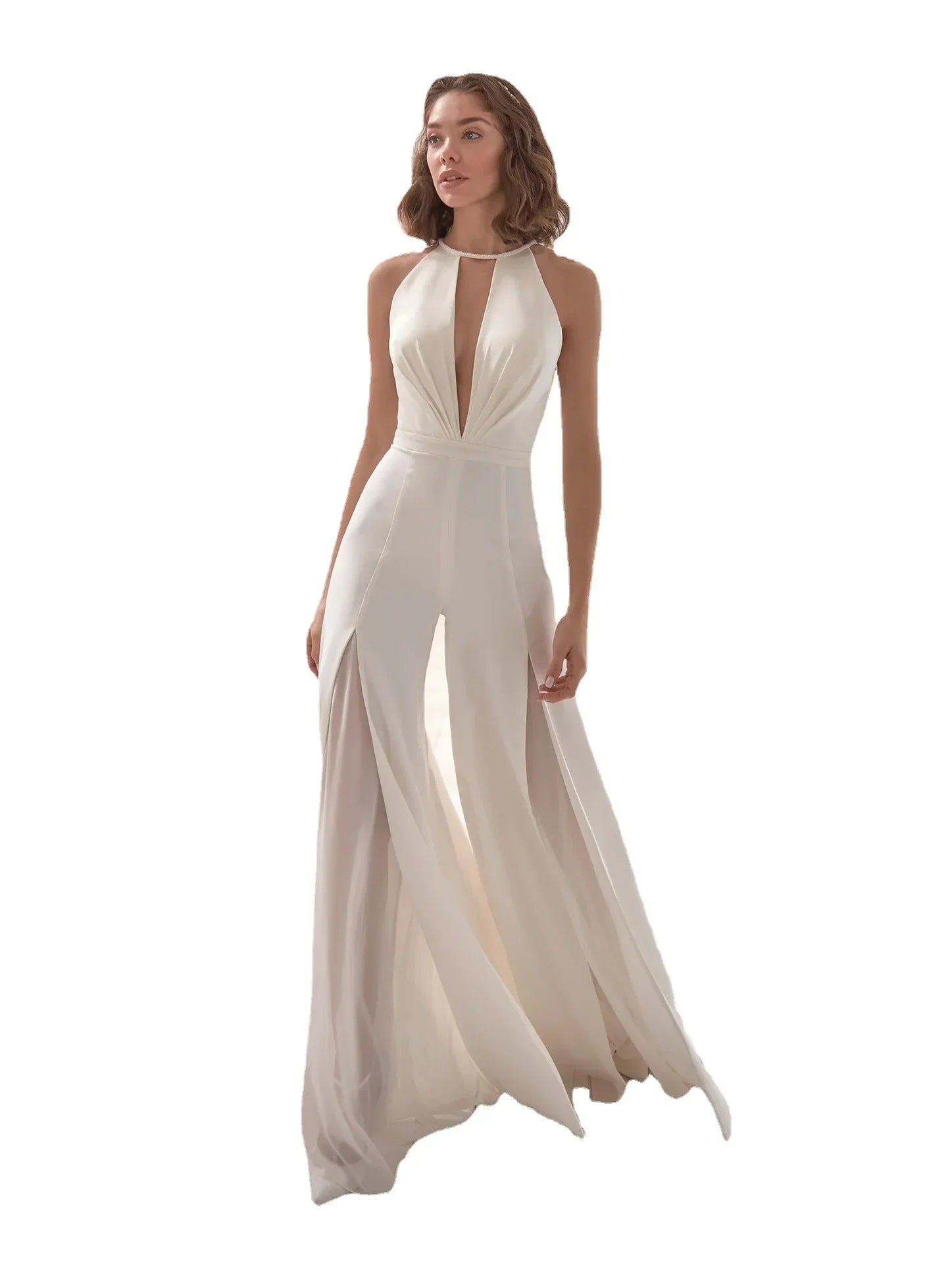 Sexy Deep V-neck Jumpsuit Wedding Pant Suits For Brides Wedding Jumpsuits Women Elegant Formal Dress
