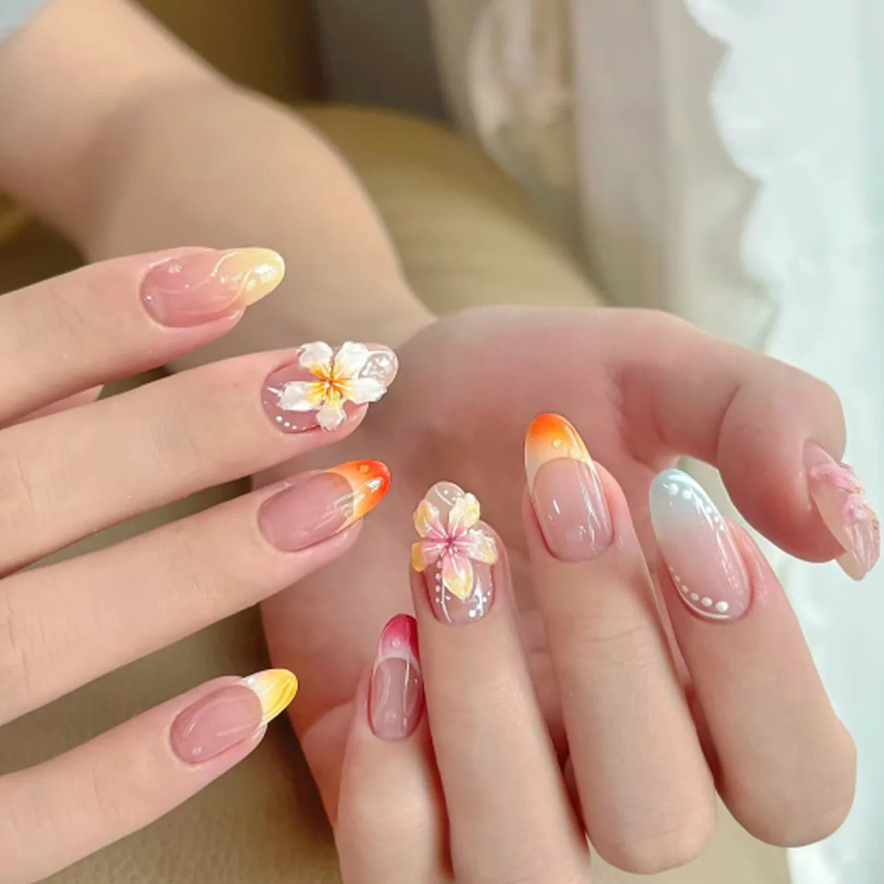 24Pcs Fashion Color 3D Flower Nail Tip French Vibrant Wearing Nail Art Short Almond Acrylic Manicure Set with Jelly Glue Summer 2