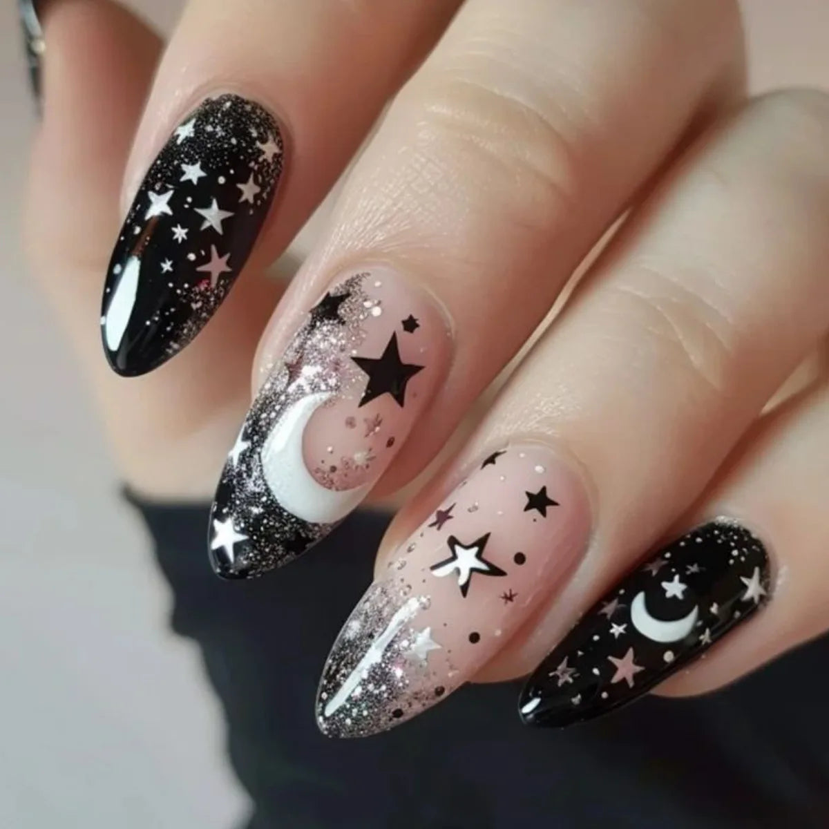 24Pcs Mid-length Almond Fake Nails Press on With Black Star Moon Design False Nail Shiny Powder Detachable Full Cover Nails Tips A11-01-09