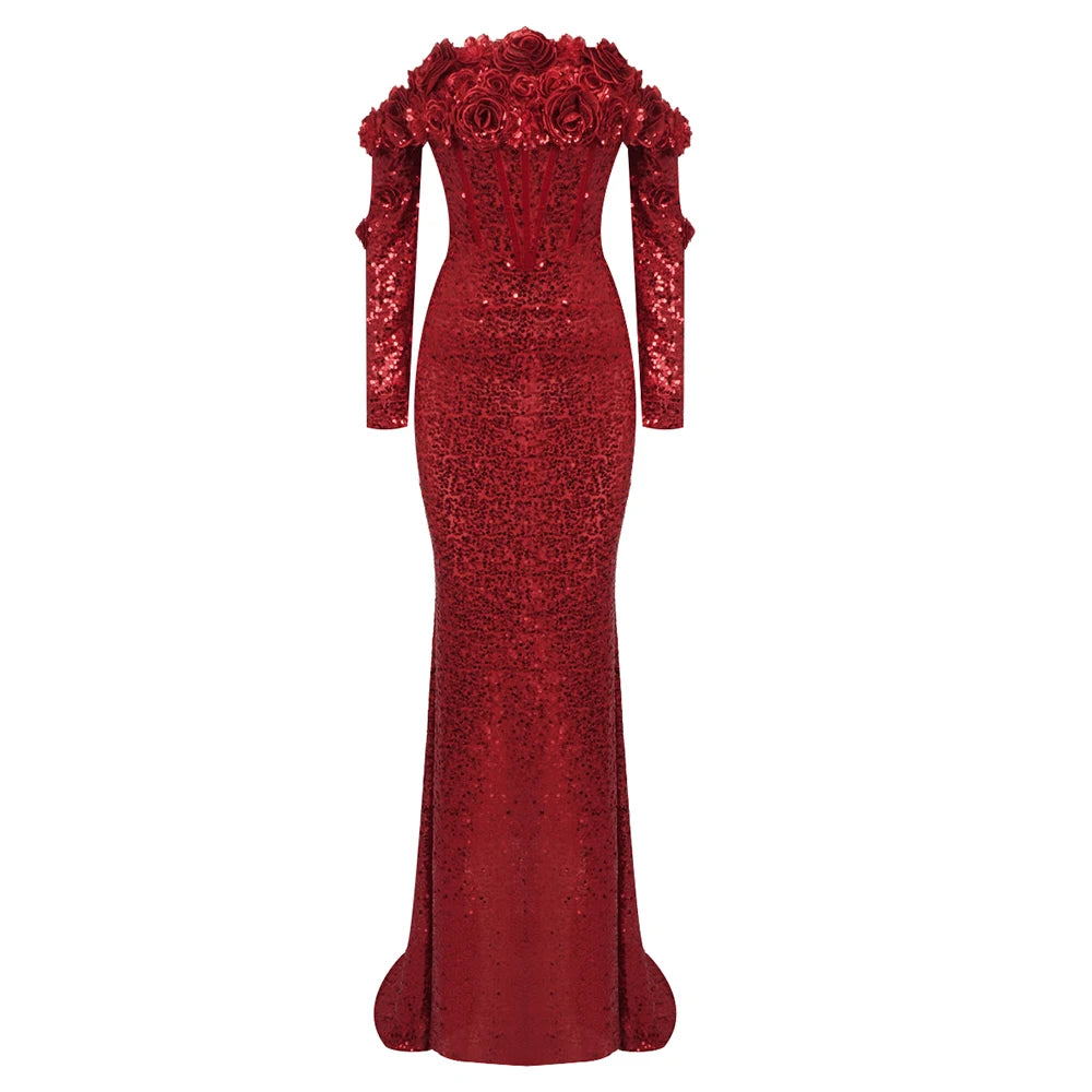 Red Structured Flower Boned Bodice Christmas Long Dress For Women Long Sleeves Sequins Mermaid Party Evening Gown Red