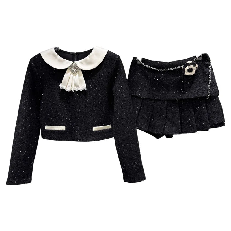 Winter New Style Fashion Back Zipper Design Contrast Color Short Tops For Women Chain Cake Skirt Female 11A07648